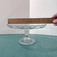Antique 9 Inch Pressed Glass Pedestal Cake Stand with Lip, Bryce Higbee Arched Fleur De Lis, Pastry Dessert Display Plate, EAPG Cake Plate