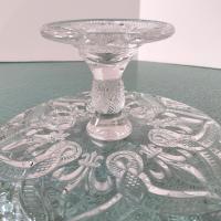Antique 9 Inch Pressed Glass Pedestal Cake Stand with Lip, Bryce Higbee Arched Fleur De Lis, Pastry Dessert Display Plate, EAPG Cake Plate