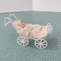 Vintage Victorian Lace Doll House Baby Carriage, Miniature Baby with White Metal Stroller Christmas Tree Ornament