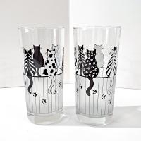 Vintage Black and White Cats on a Fence Highball Drinking Glasses, Set of 2, MCM Barware
