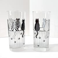 Vintage Black and White Cats on a Fence Highball Drinking Glasses, Set of 2, MCM Barware