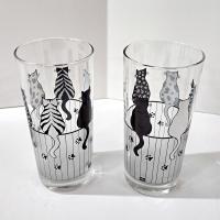 Vintage Black and White Cats on a Fence Highball Drinking Glasses, Set of 2, MCM Barware