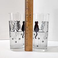 Vintage Black and White Cats on a Fence Highball Drinking Glasses, Set of 2, MCM Barware