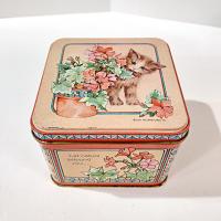 Vintage 1977 Hallmark Kitten Cat and Flowers Square Metal Storage Tin, Cat Treat Container