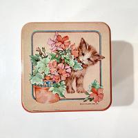 Vintage 1977 Hallmark Kitten Cat and Flowers Square Metal Storage Tin, Cat Treat Container