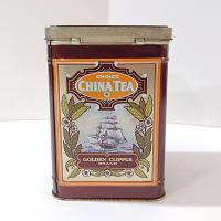 Vintage Golden Clipper Choice China Tea Hinged Lid Tin Storage Box, 1950's Tea Tin with Ship Design made in England