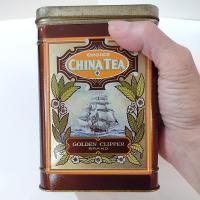 Vintage Golden Clipper Choice China Tea Hinged Lid Tin Storage Box, 1950's Tea Tin with Ship Design made in England