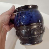 Vintage Artisan Hand Crafted Ceramic Beer Mug, Left Handed Oversized Coffee Tea Mug, Blue and Brown Small Planter Pot
