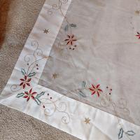 Vintage Hand Embroidered Square Holiday Christmas Tablecloth with Holly, Flower, and Star Design