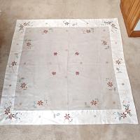 Vintage Hand Embroidered Square Holiday Christmas Tablecloth with Holly, Flower, and Star Design