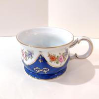 Vintage Hand Painted Floral Flat Tea Cup, Blue Gold and Pink Painted Mug