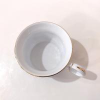 Vintage Hand Painted Floral Flat Tea Cup, Blue Gold and Pink Painted Mug