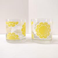 Vintage Colony Indiana Glass Yellow Flower Lowball Whiskey Glasses, Set of 2, MCM Floral Barware