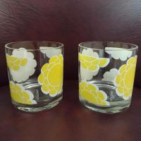 Vintage Colony Indiana Glass Yellow Flower Lowball Whiskey Glasses, Set of 2, MCM Floral Barware