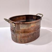 Vintage Patinaed Oval Copper Jardiniere Planter Pot with Brass Handles, Turkish Copper Vessel