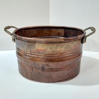 Vintage Patinaed Oval Copper Jardiniere Planter Pot with Brass Handles, Turkish Copper Vessel