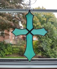 Stained Glass Cross Suncatcher, Aqua Blue Swirl