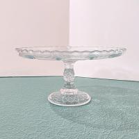 Antique Bryce Higbee Curlicue 9 1/2 In Clear Pressed Glass Pedestal Cake Stand with Scalloped Lip, Vintage EAPG Pastry Dessert Display Plate