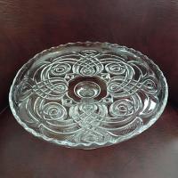 Antique Bryce Higbee Curlicue 9 1/2 In Clear Pressed Glass Pedestal Cake Stand with Scalloped Lip, Vintage EAPG Pastry Dessert Display Plate