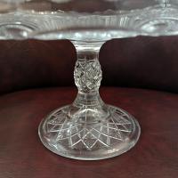 Antique Bryce Higbee Curlicue 9 1/2 In Clear Pressed Glass Pedestal Cake Stand with Scalloped Lip, Vintage EAPG Pastry Dessert Display Plate