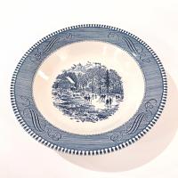 Vintage Royal Currier and Ives Early Winter Rimmed Soup Bowl,  Blue Transferware Serving Bowl, MCM Retro Americana China