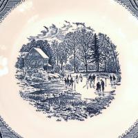 Vintage Royal Currier and Ives Early Winter Rimmed Soup Bowl,  Blue Transferware Serving Bowl, MCM Retro Americana China