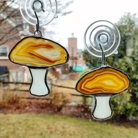 Mushrooms Agate Geode and Stained Glass Suncatchers, Set of Two