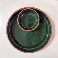 Vintage Terra Cotta and Green Ceramic Chip and Dip Bowl, Bortner and Bortner LTD Pottery