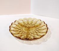 Vintage Amber Yellow Pressed Glass Three Section Divided Serving Dish, Round Relish Tray, Sectioned Charcuterie Dish