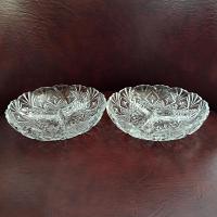 Vintage Clear Pressed Glass Divided 3 Section Sauce Relish Bowls, Set of 2, Pineapple and Crisscross Design