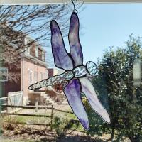 Stained Glass Dragonfly Suncatcher, Iridescent Clear and Purple