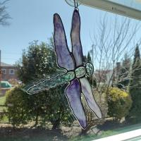 Stained Glass Dragonfly Suncatcher, Iridescent Clear and Purple