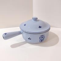 Vintage Dru Holland Cast Iron Enamel 7 Inch Sauce Pan, Light Blue Tulip Design, Druware Dutch Cookware