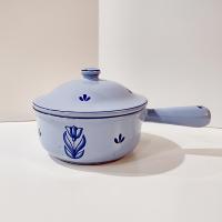 Vintage Dru Holland Cast Iron Enamel 7 Inch Sauce Pan, Light Blue Tulip Design, Druware Dutch Cookware