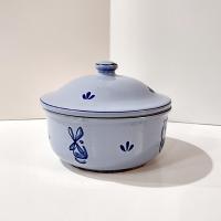 Vintage Dru Holland Cast Iron Enamel 7 Inch Sauce Pan, Light Blue Tulip Design, Druware Dutch Cookware
