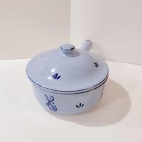 Vintage Dru Holland Cast Iron Enamel 7 Inch Sauce Pan, Light Blue Tulip Design, Druware Dutch Cookware