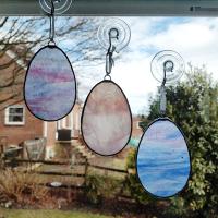 Stained Glass Easter Egg Suncatchers, Set of Three, Blue and Pink Youghiogheny Art Glass
