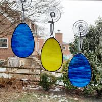 Stained Glass Easter Egg Suncatchers, Set of Three, Blue and Yellow Opalescent Glass