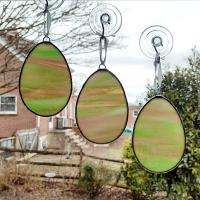 Stained Glass Easter Egg Suncatchers, Set of Three, Green and Pink Pastel Glass Easter Egg Decoration