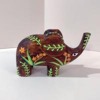 Hand Carved Wooden Elephant Figurine, Hand Painted Primitive Elephant Statue with Flower Design