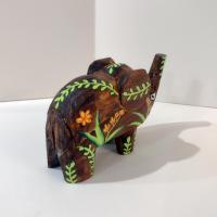 Hand Carved Wooden Elephant Figurine, Hand Painted Primitive Elephant Statue with Flower Design