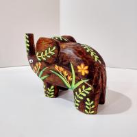 Hand Carved Wooden Elephant Figurine, Hand Painted Primitive Elephant Statue with Flower Design