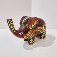 Hand Carved Wooden Elephant Figurine, Hand Painted Primitive Elephant Statue with Flower Design