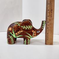 Hand Carved Wooden Elephant Figurine, Hand Painted Primitive Elephant Statue with Flower Design