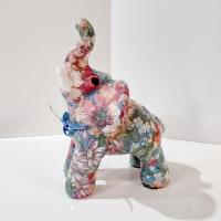 Vintage Joan Baker Porcelain Patchworks Floral Decoupage Elephant Figurine, Good Luck Trunk Up Elephant