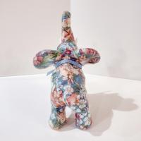 Vintage Joan Baker Porcelain Patchworks Floral Decoupage Elephant Figurine, Good Luck Trunk Up Elephant