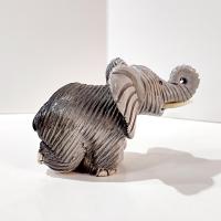 Vintage Artesania Rinconada Uruguay Sculpted Clay Kneeling Elephant Figurine, Good Luck Trunk Up Elephant