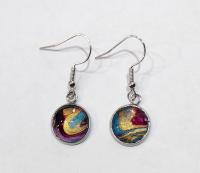 Painted Earrings, Gold, Blue, and Pink Swirls