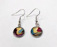 Painted Earrings, Gold, Blue, and Pink Swirls