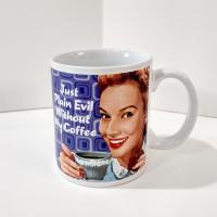 Vintage Just Plain Evil Without My Coffee Ceramic Mug, 1960's Style Woman Graphic Coffee Tea Mug